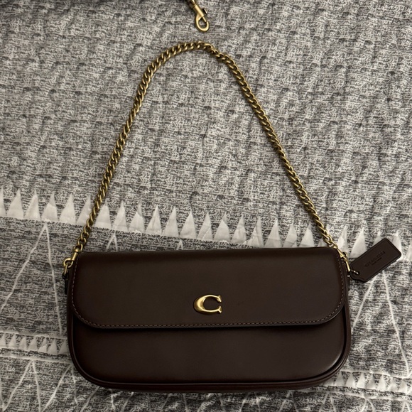 Coach Dark Brown Leather Shoulder Bag with Gold Chain - Picture 1 of 6